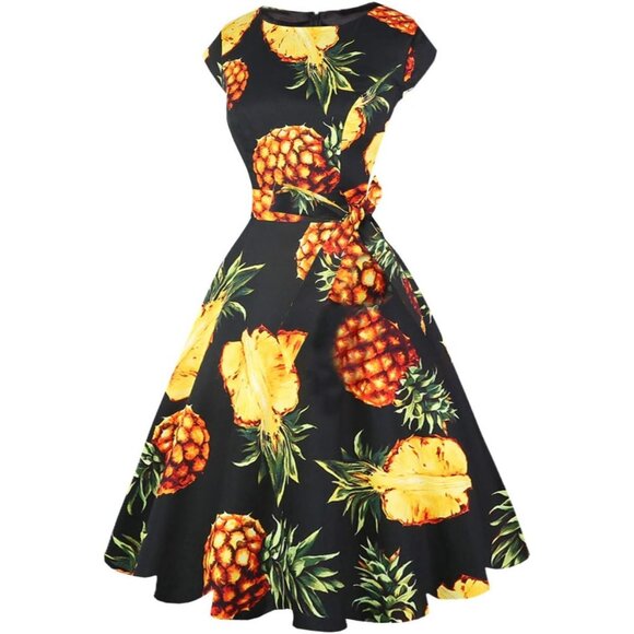 Women's 1950 Boatneck Cap Sleeve Vintage Swing Cocktail Party Dress with Pockets - Picture 4 of 8